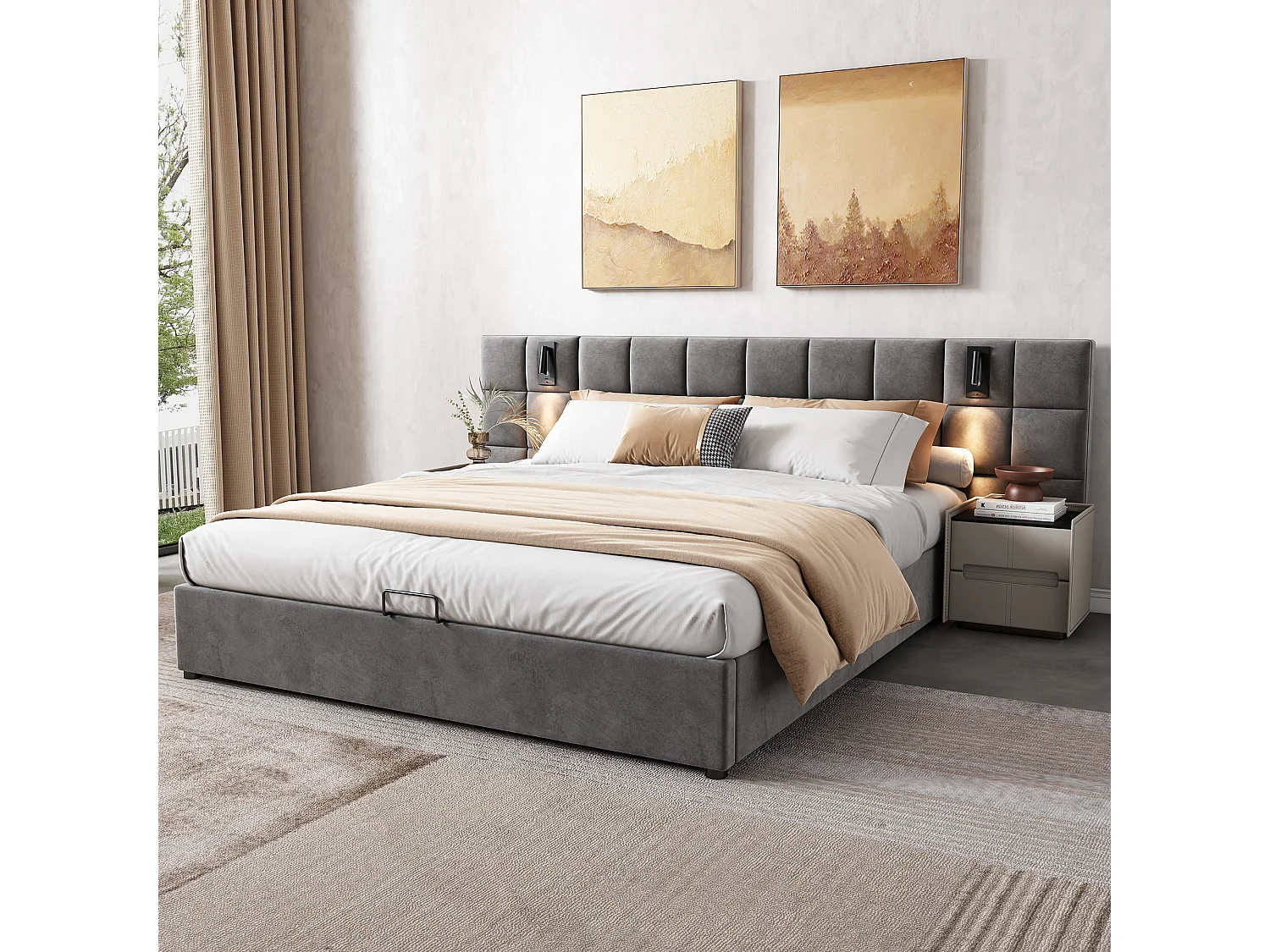 Lit coffre 180 x 200 cm avec tête de lit large rembourrée de mousse - Lampes lecture + prise USB - Velours - Gris (Sans matelas)