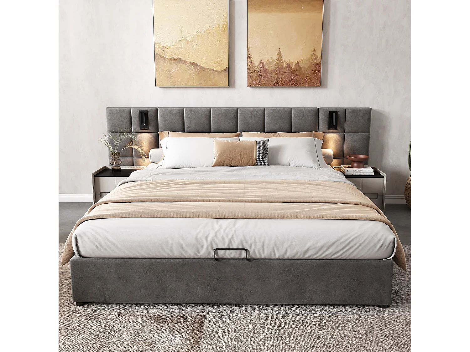 Lit coffre 180 x 200 cm avec tête de lit large rembourrée de mousse - Lampes lecture + prise USB - Velours - Gris (Sans matelas)