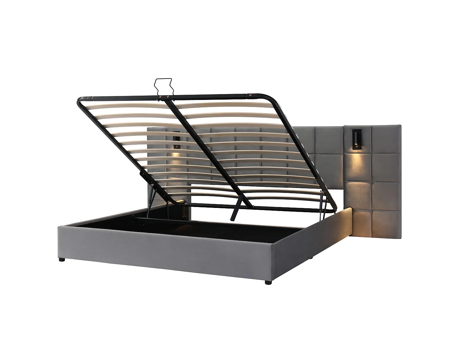 Lit coffre 180 x 200 cm avec tête de lit large rembourrée de mousse - Lampes lecture + prise USB - Velours - Gris (Sans matelas)
