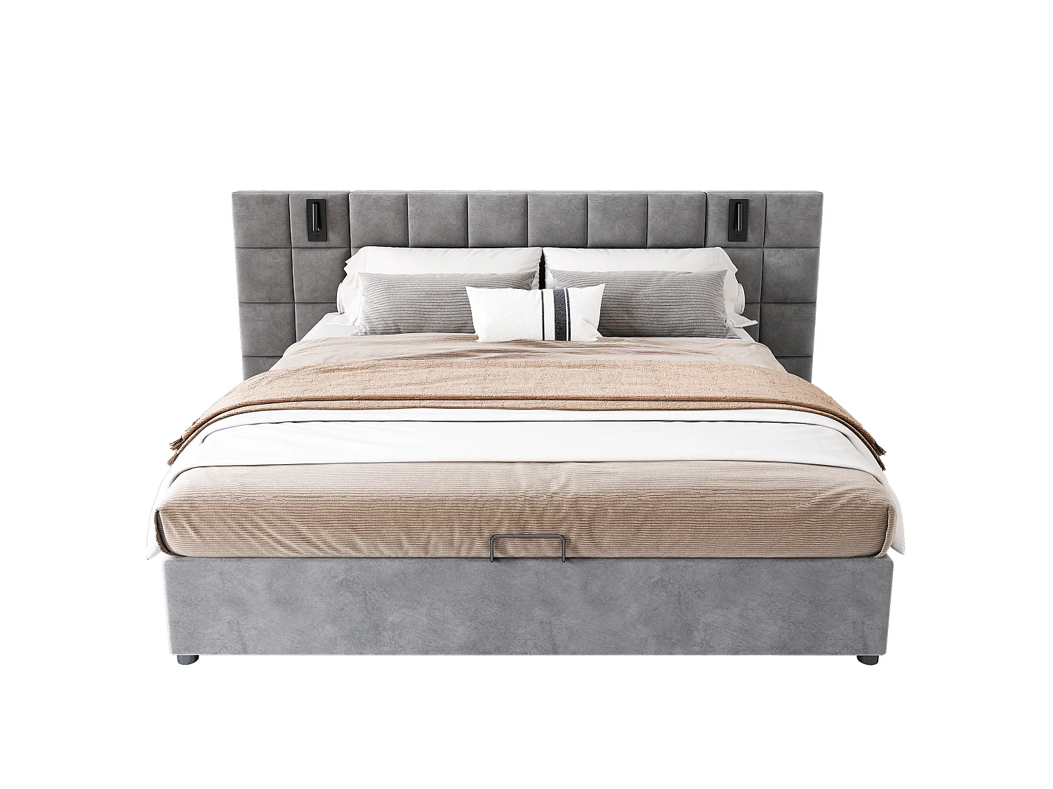 Lit coffre 180 x 200 cm avec tête de lit large rembourrée de mousse - Lampes lecture + prise USB - Velours - Gris (Sans matelas)