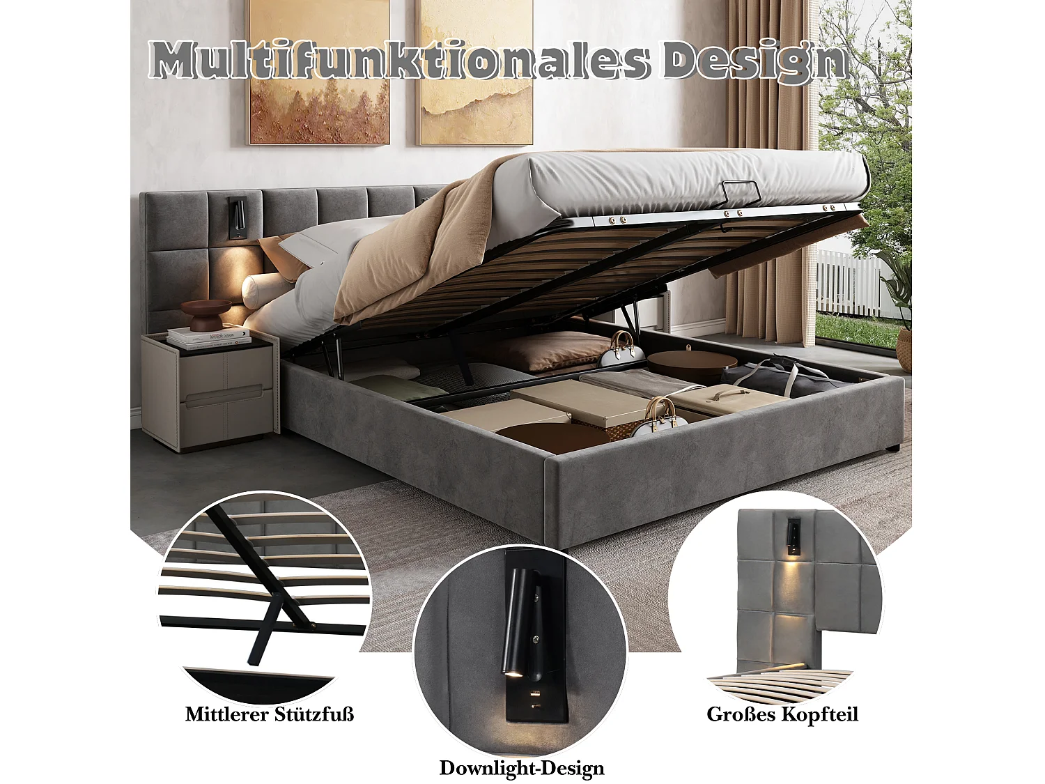 Lit coffre 180 x 200 cm avec tête de lit large rembourrée de mousse - Lampes lecture + prise USB - Velours - Gris (Sans matelas)
