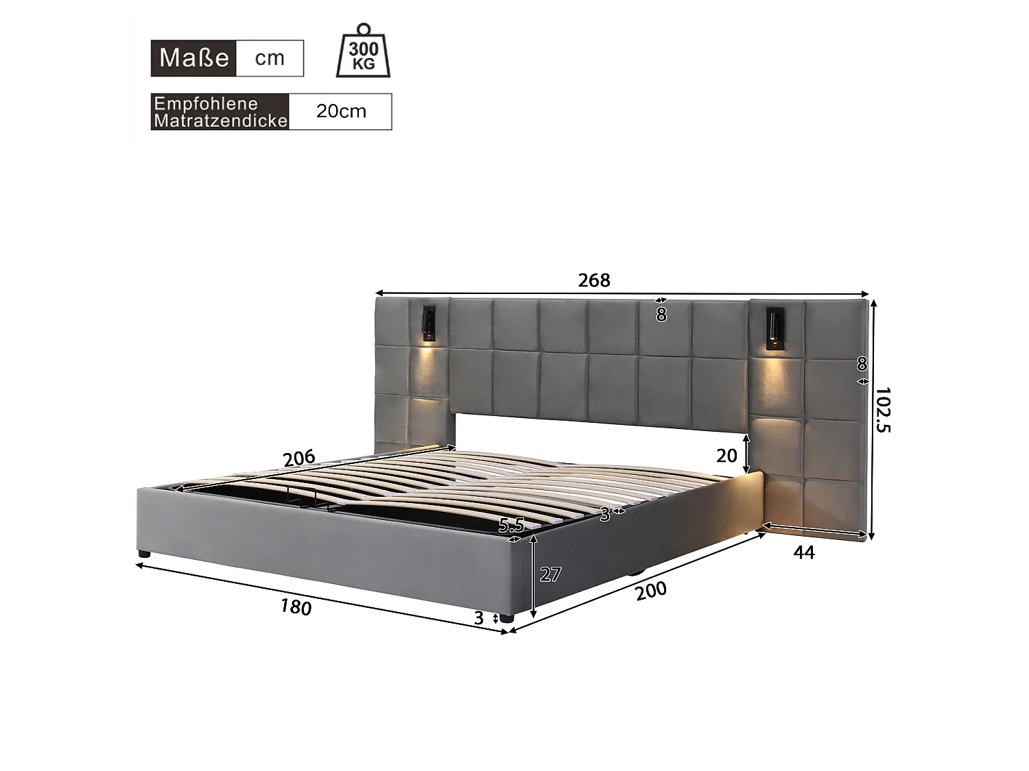 Lit coffre 180 x 200 cm avec tête de lit large rembourrée de mousse - Lampes lecture + prise USB - Velours - Gris (Sans matelas)