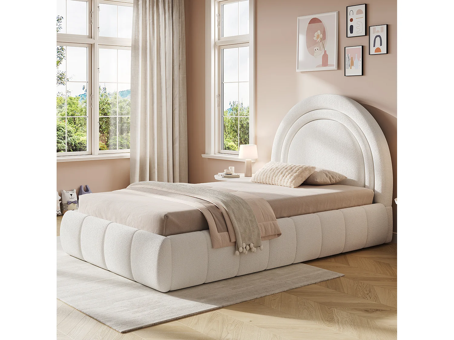 Children's storage bed 90 x 200 cm in bouclé fabric with hydraulic storage, padded headboard and rounded edges - Beige (Mattress not included)
