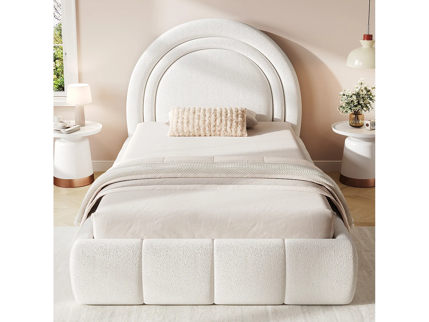 Children's storage bed 90 x 200 cm in bouclé fabric with hydraulic storage, padded headboard and rounded edges - Beige (Mattress not included)