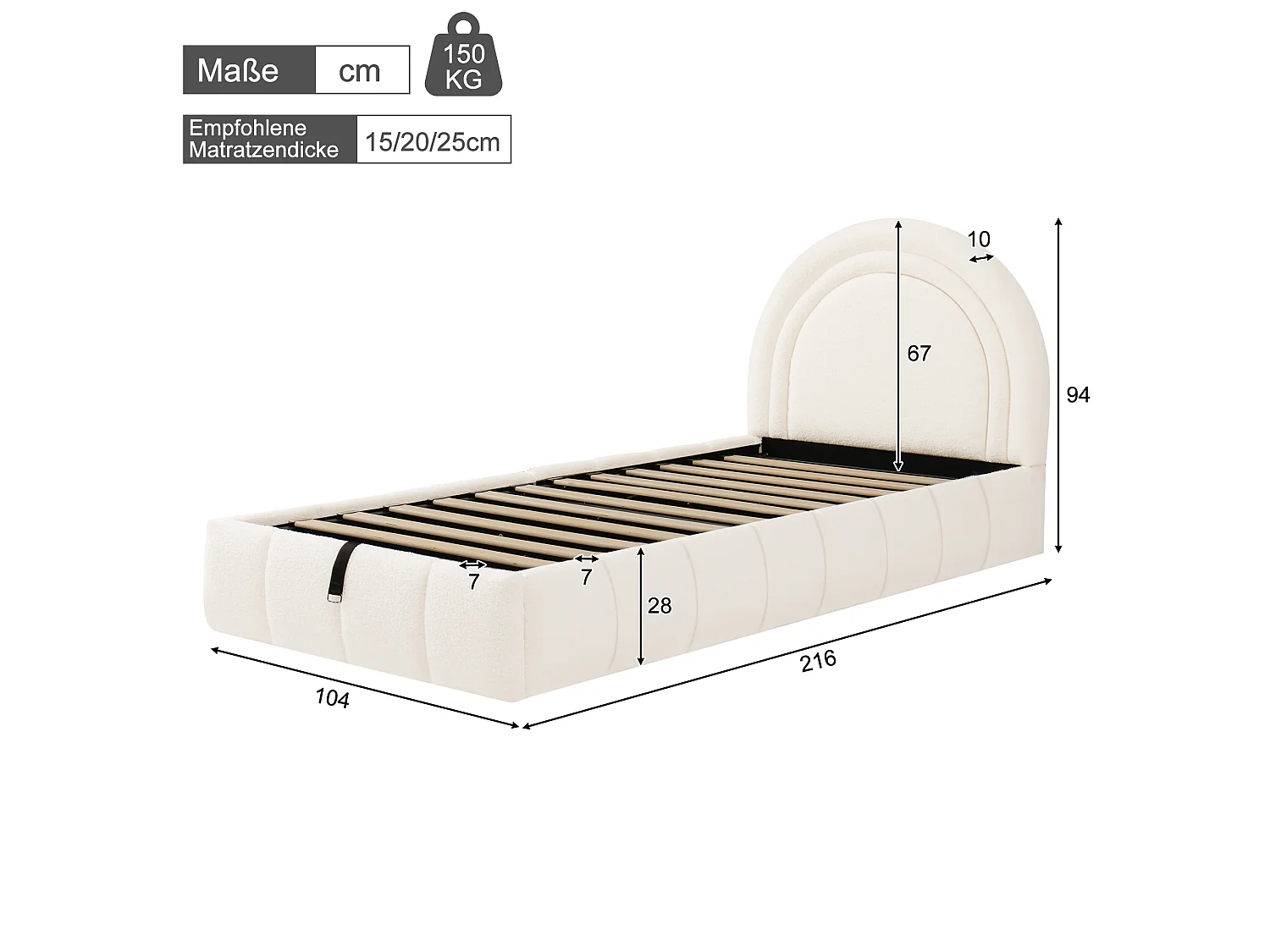 Children's storage bed 90 x 200 cm in bouclé fabric with hydraulic storage, padded headboard and rounded edges - Beige (Mattress not included)