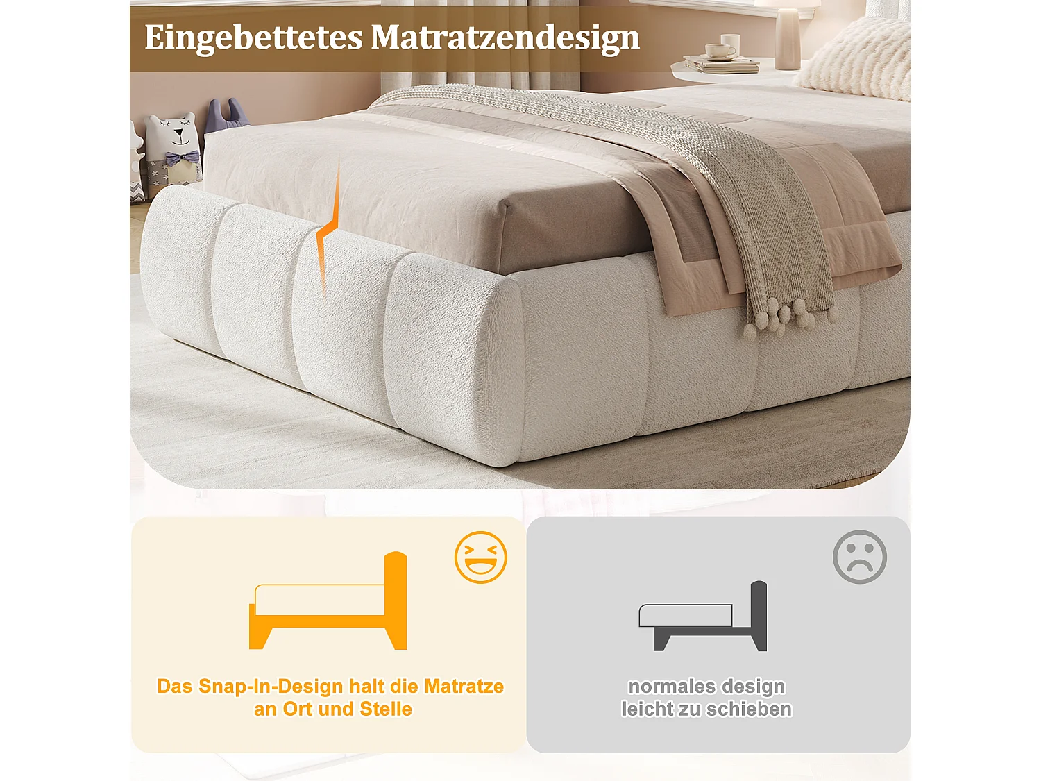Children's storage bed 90 x 200 cm in bouclé fabric with hydraulic storage, padded headboard and rounded edges - Beige (Mattress not included)