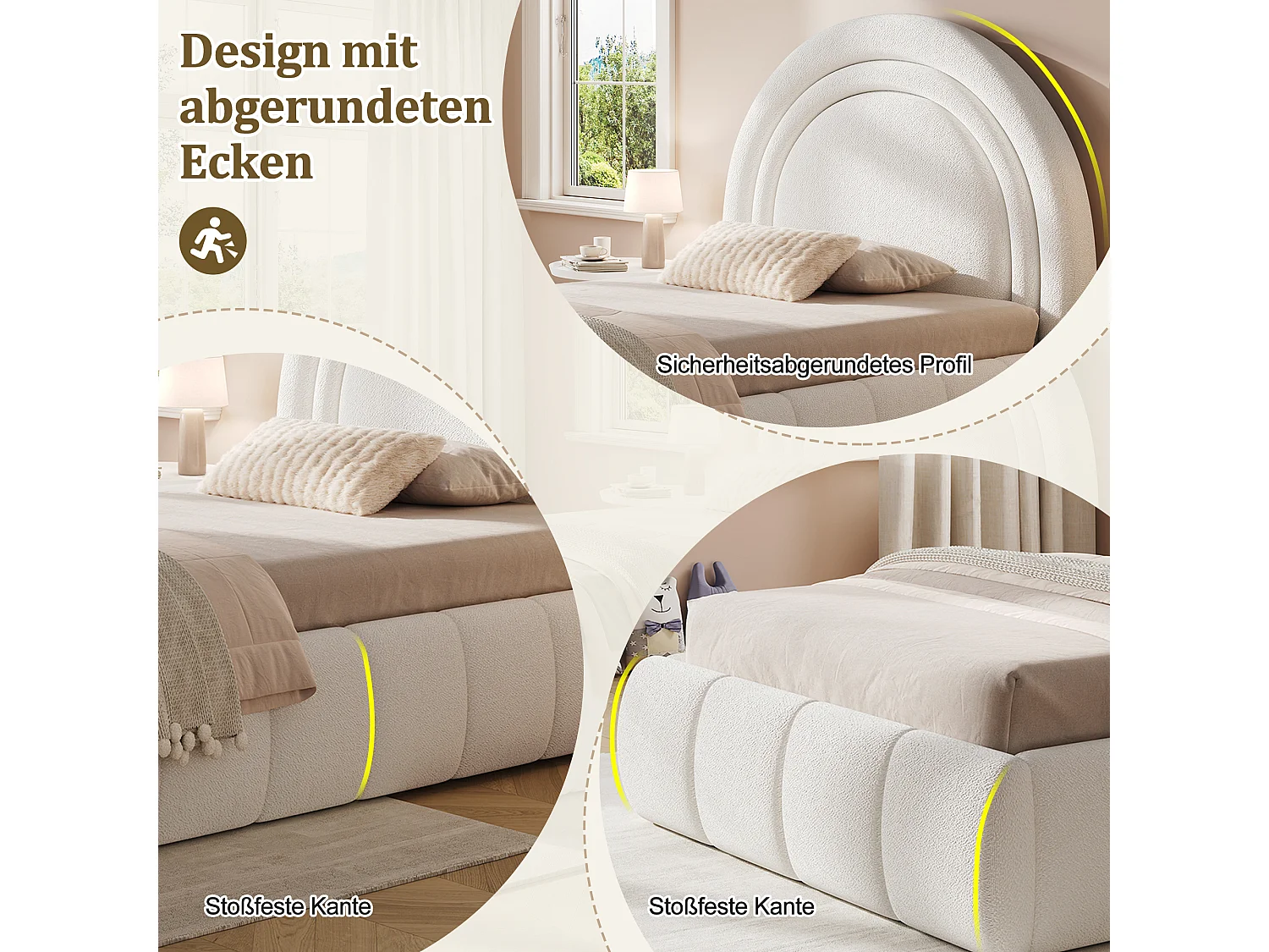 Children's storage bed 90 x 200 cm in bouclé fabric with hydraulic storage, padded headboard and rounded edges - Beige (Mattress not included)