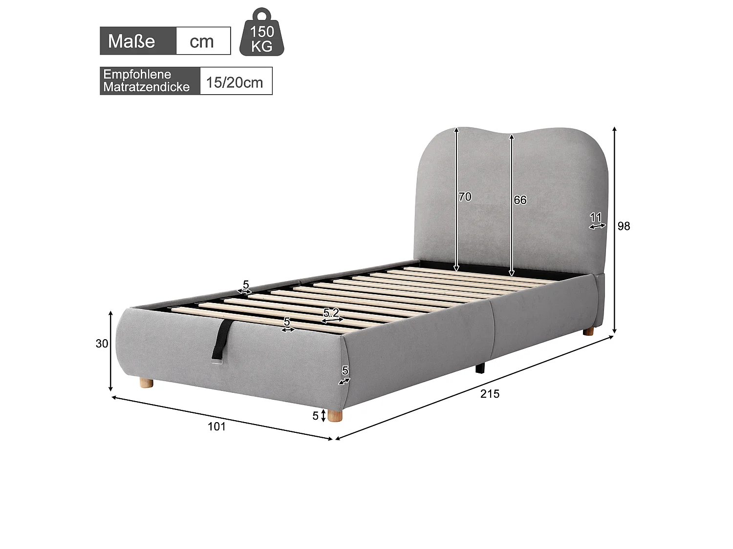 90 x 200 cm Stauraumbett mit hydraulischem Stauraum und 11 cm gepolstertem Kopfteil – Leinenstoff – Grau (Matratze nicht im Lieferumfang enthalten)