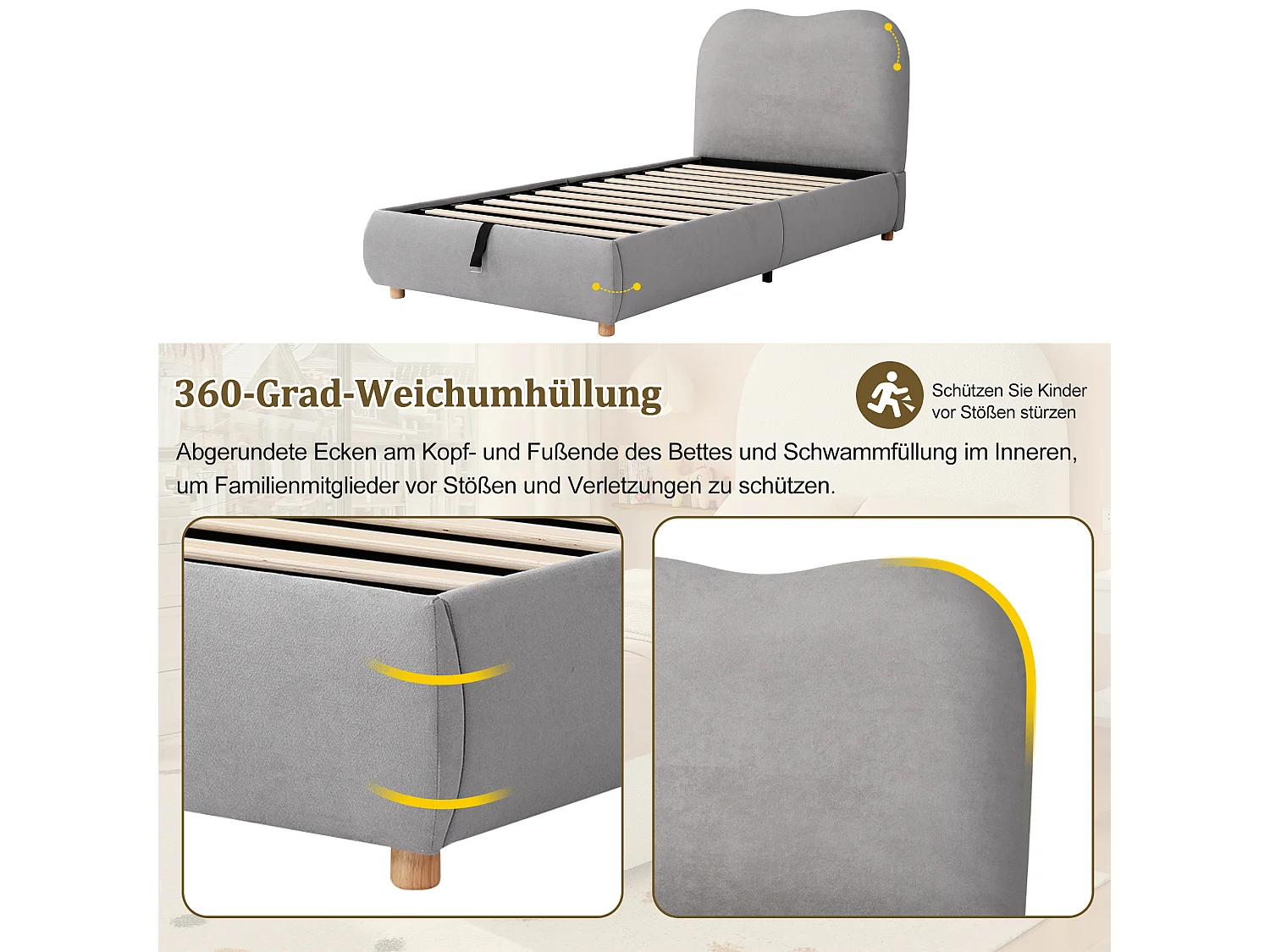 90 x 200 cm Stauraumbett mit hydraulischem Stauraum und 11 cm gepolstertem Kopfteil – Leinenstoff – Grau (Matratze nicht im Lieferumfang enthalten)