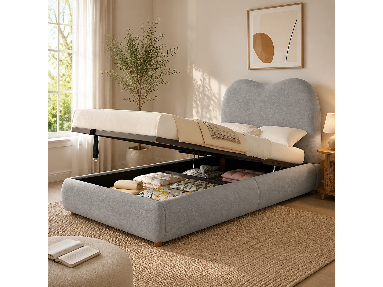 90 x 200 cm Stauraumbett mit hydraulischem Stauraum und 11 cm gepolstertem Kopfteil – Leinenstoff – Grau (Matratze nicht im Lieferumfang enthalten)