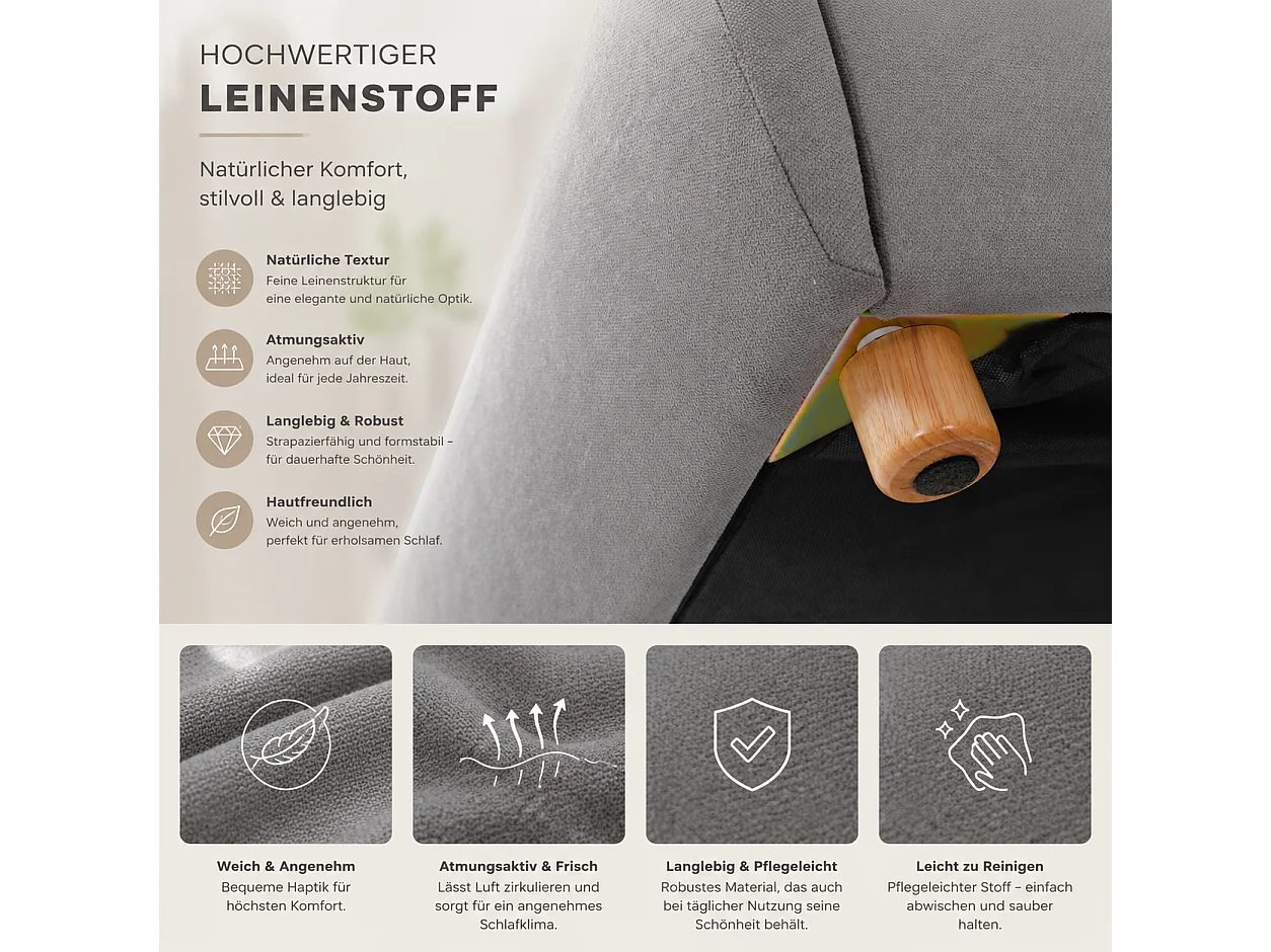 90 x 200 cm Stauraumbett mit hydraulischem Stauraum und 11 cm gepolstertem Kopfteil – Leinenstoff – Grau (Matratze nicht im Lieferumfang enthalten)
