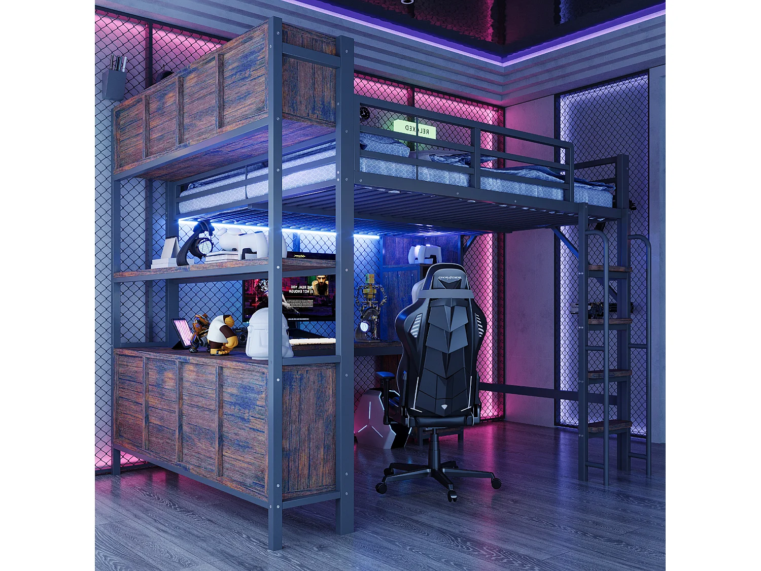 Lit mezzanine 140 x 200 cm avec bureau, penderie, LED, prises électriques et compartiments - Fer + MDF - Noir (Sans matelas)