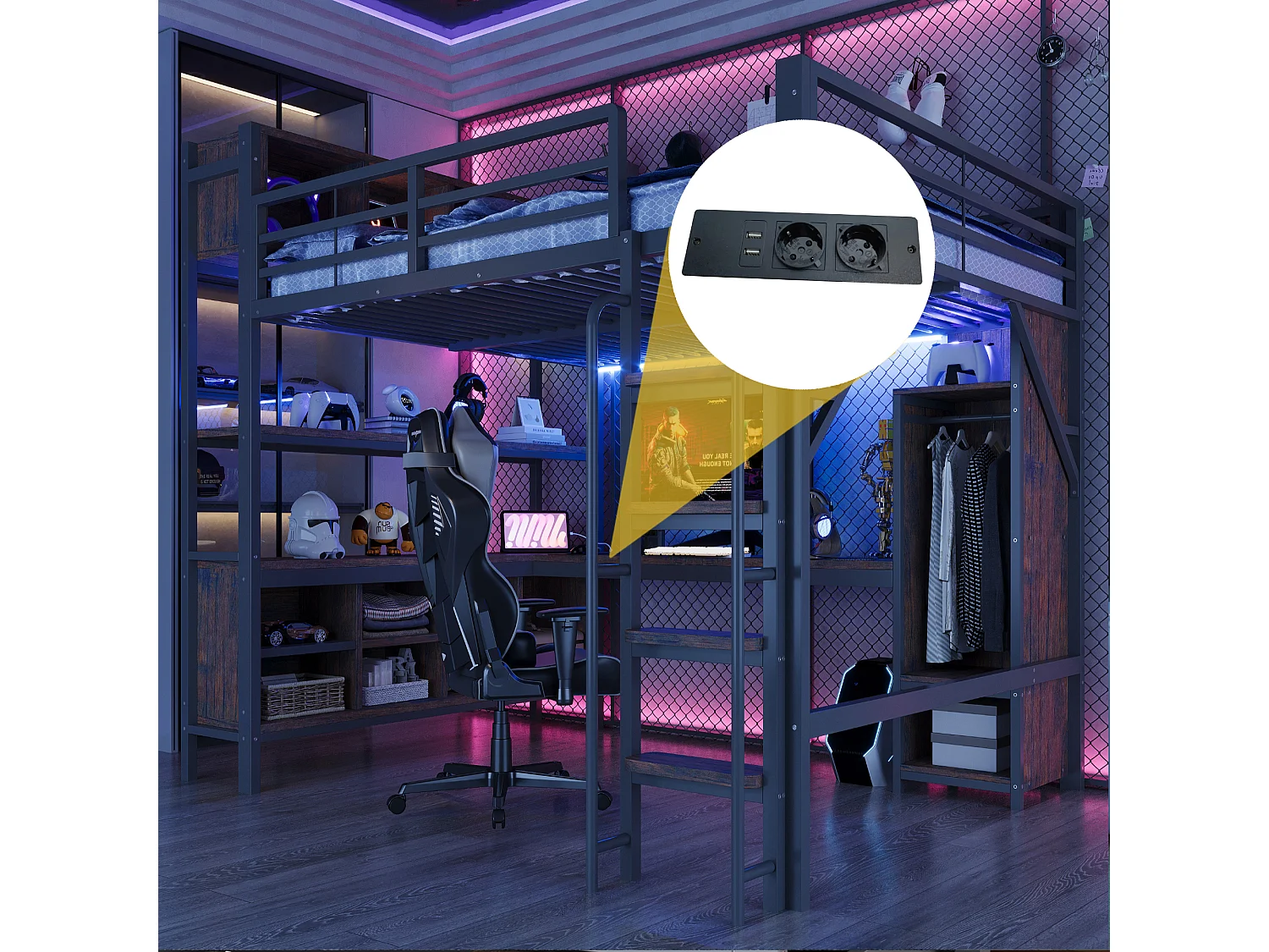 Lit mezzanine 140 x 200 cm avec bureau, penderie, LED, prises électriques et compartiments - Fer + MDF - Noir (Sans matelas)