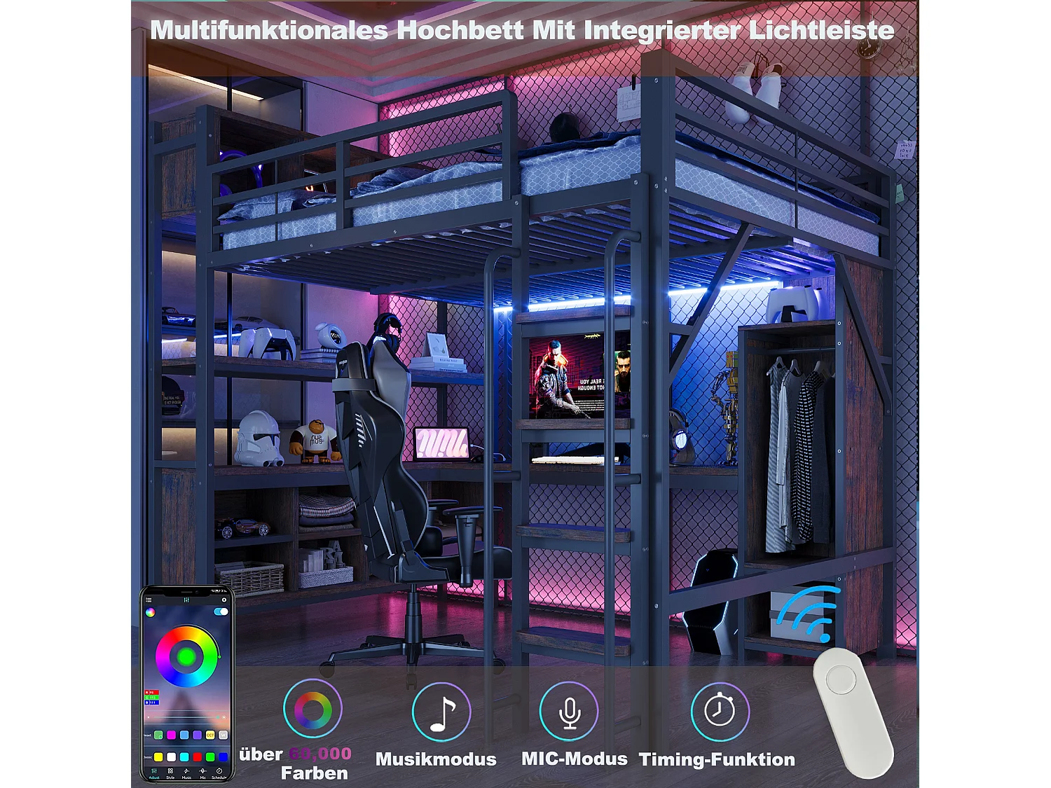 Lit mezzanine 140 x 200 cm avec bureau, penderie, LED, prises électriques et compartiments - Fer + MDF - Noir (Sans matelas)