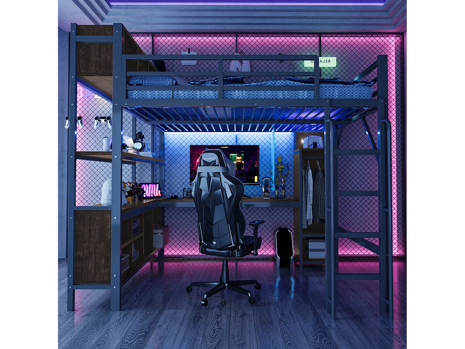 Lit mezzanine 140 x 200 cm avec bureau, penderie, LED, prises électriques et compartiments - Fer + MDF - Noir (Sans matelas)