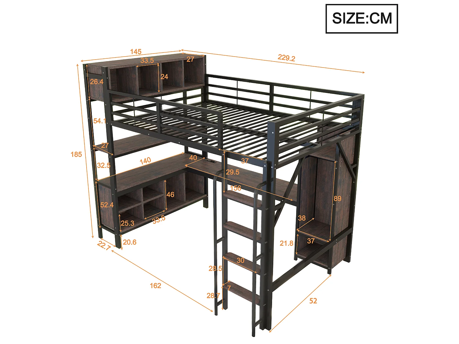 Lit mezzanine 140 x 200 cm avec bureau, penderie, LED, prises électriques et compartiments - Fer + MDF - Noir (Sans matelas)