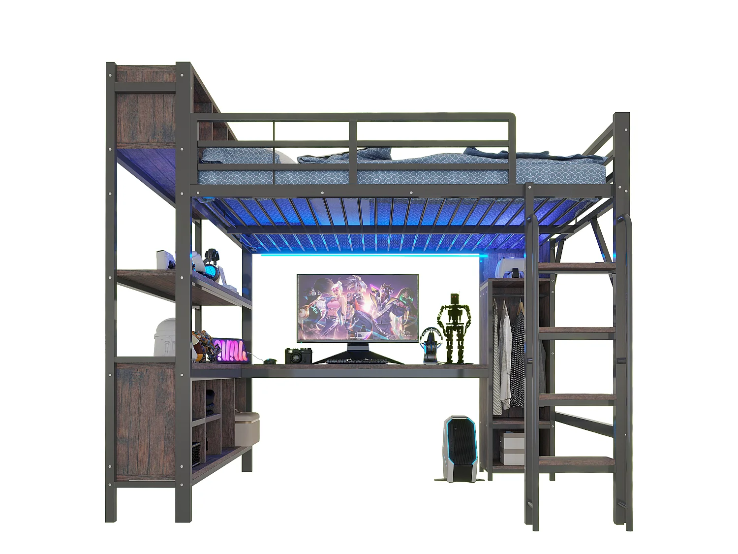 Lit mezzanine 140 x 200 cm avec bureau, penderie, LED, prises électriques et compartiments - Fer + MDF - Noir (Sans matelas)