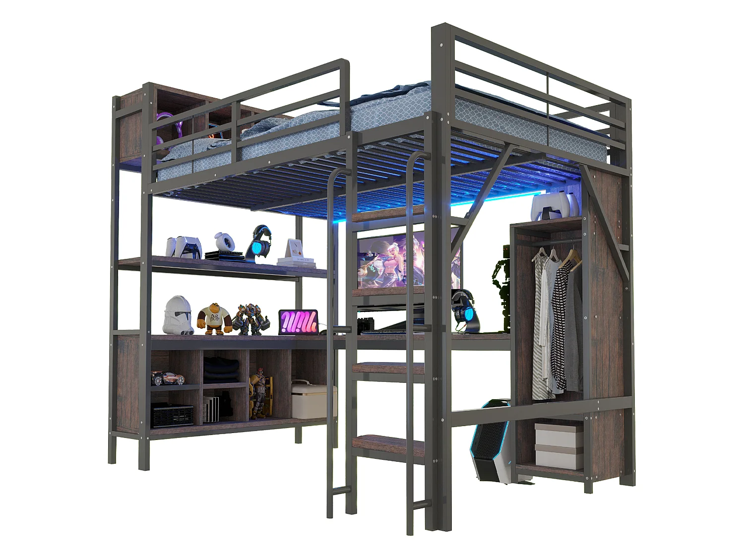 Lit mezzanine 140 x 200 cm avec bureau, penderie, LED, prises électriques et compartiments - Fer + MDF - Noir (Sans matelas)