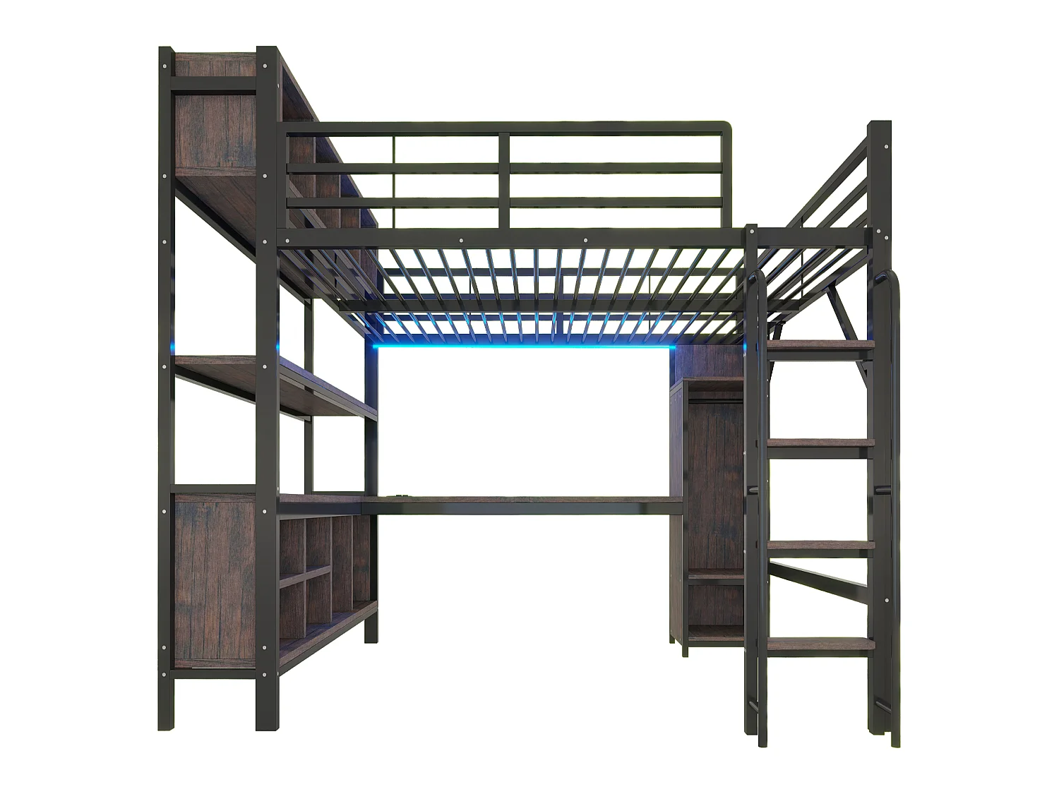 Lit mezzanine 140 x 200 cm avec bureau, penderie, LED, prises électriques et compartiments - Fer + MDF - Noir (Sans matelas)