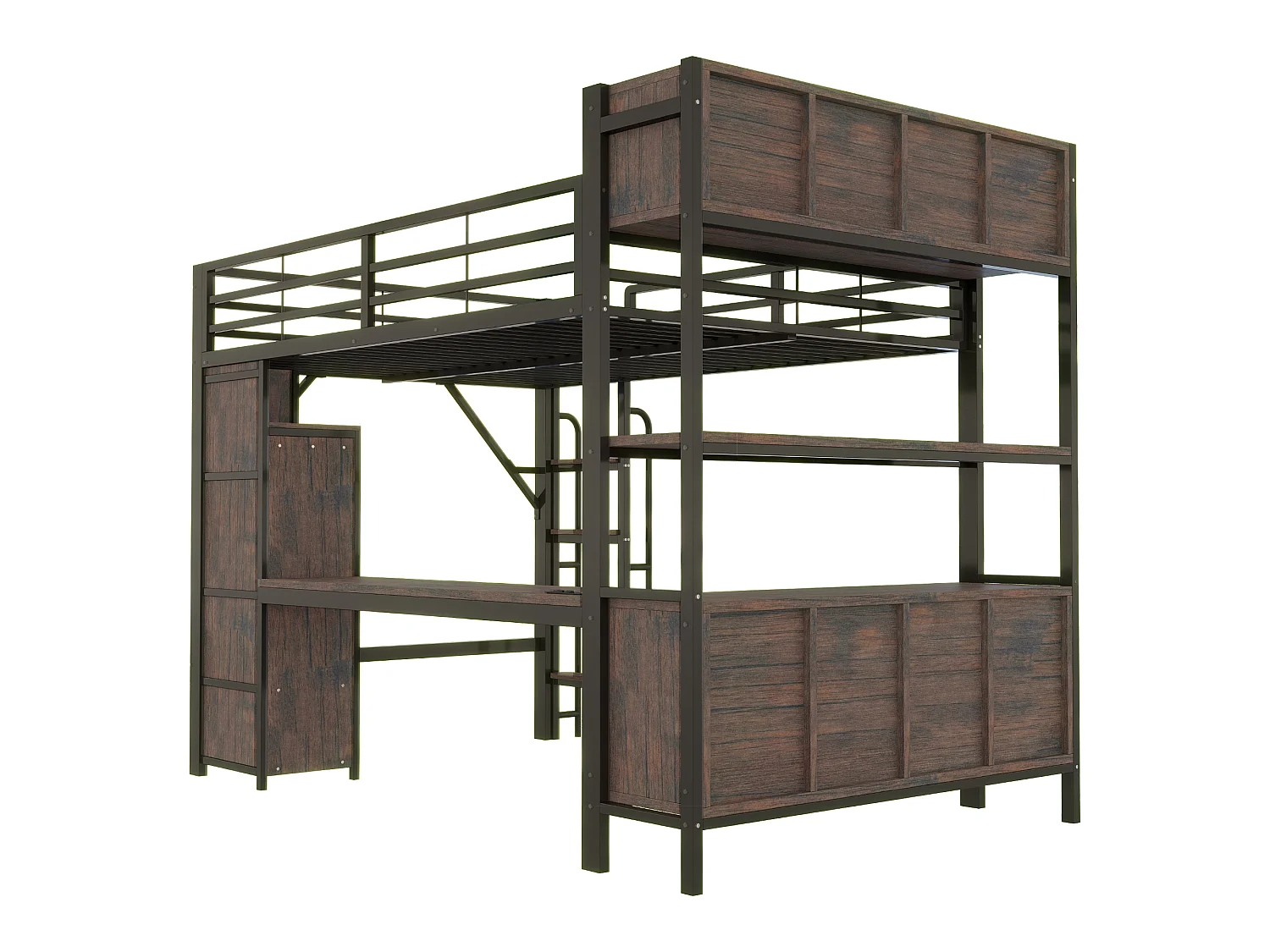 Lit mezzanine 140 x 200 cm avec bureau, penderie, LED, prises électriques et compartiments - Fer + MDF - Noir (Sans matelas)