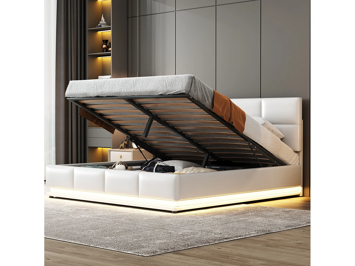 Lit coffre 160 x 200 cm avec rangement hydraulique, LED RGB, sommier 26 lattes – Similicuir/Métal – Blanc (Sans matelas)