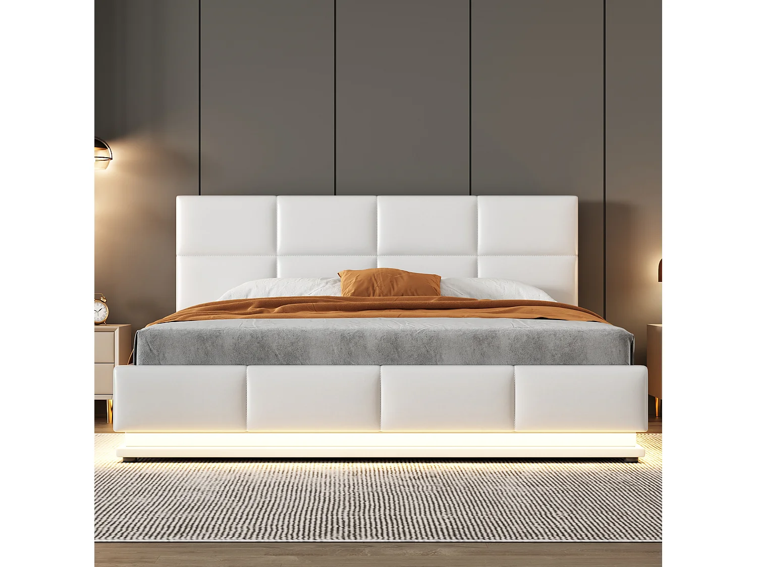 Lit coffre 160 x 200 cm avec rangement hydraulique, LED RGB, sommier 26 lattes – Similicuir/Métal – Blanc (Sans matelas)