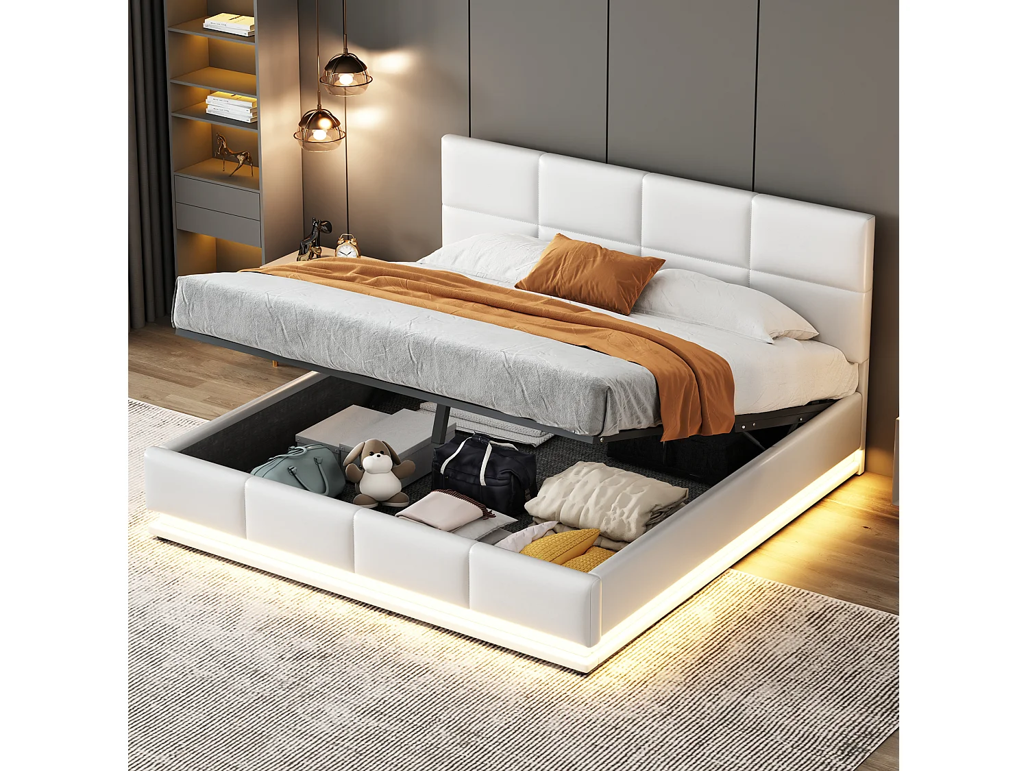 Lit coffre 160 x 200 cm avec rangement hydraulique, LED RGB, sommier 26 lattes – Similicuir/Métal – Blanc (Sans matelas)