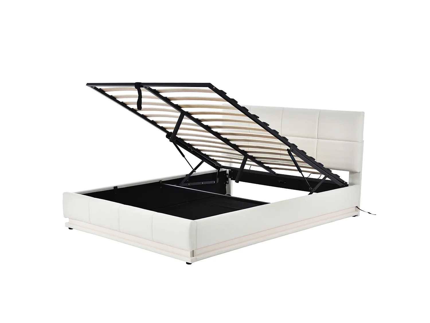 Lit coffre 160 x 200 cm avec rangement hydraulique, LED RGB, sommier 26 lattes – Similicuir/Métal – Blanc (Sans matelas)