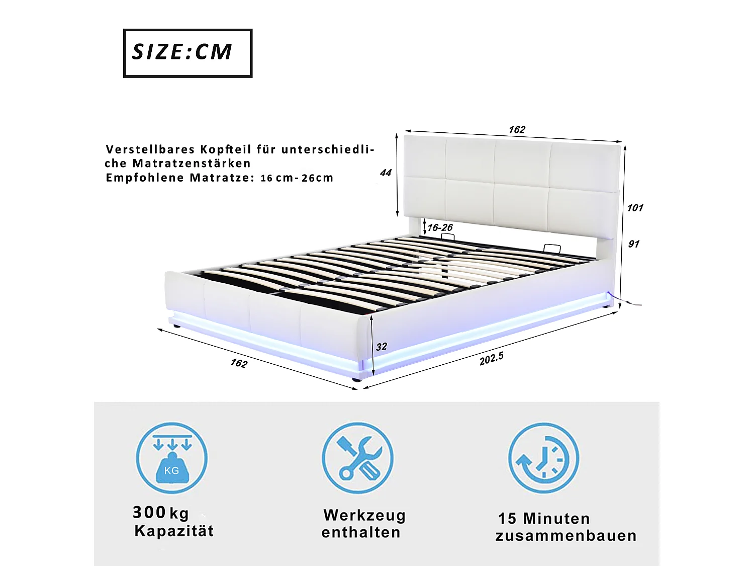Lit coffre 160 x 200 cm avec rangement hydraulique, LED RGB, sommier 26 lattes – Similicuir/Métal – Blanc (Sans matelas)