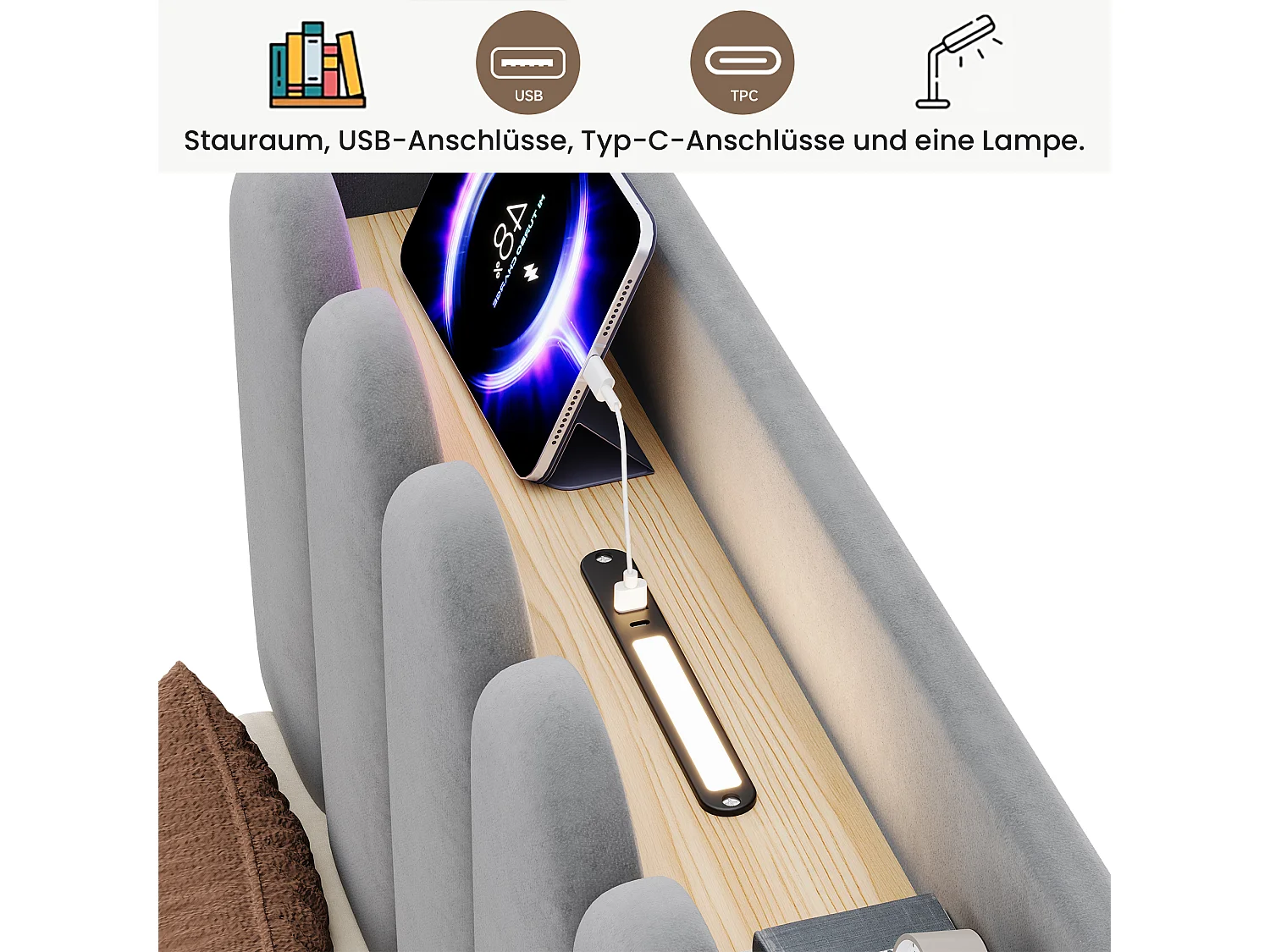 Lit coffre 90 x 200 cm avec coffre hydraulique, station USB & Type-C et lampe de lecture - Velours - Gris (Sans matelas)