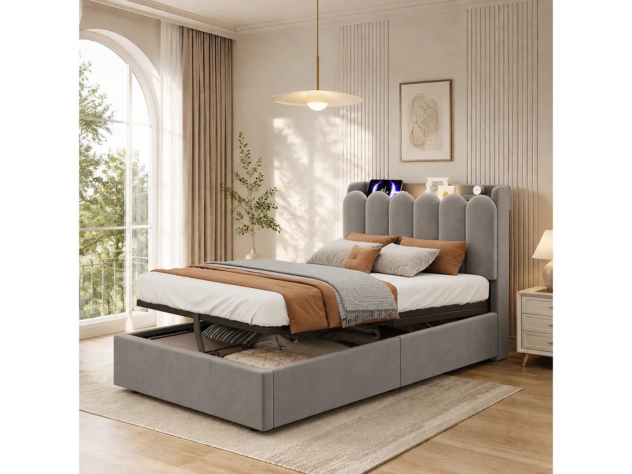 Lit coffre 90 x 200 cm avec coffre hydraulique, station USB & Type-C et lampe de lecture - Velours - Gris (Sans matelas)