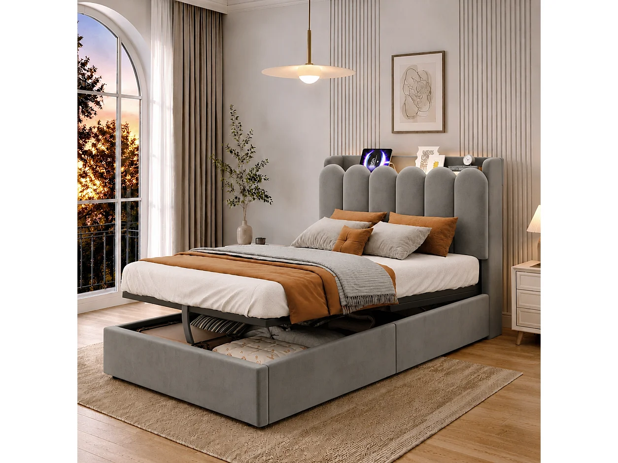 Lit coffre 90 x 200 cm avec coffre hydraulique, station USB & Type-C et lampe de lecture - Velours - Gris (Sans matelas)