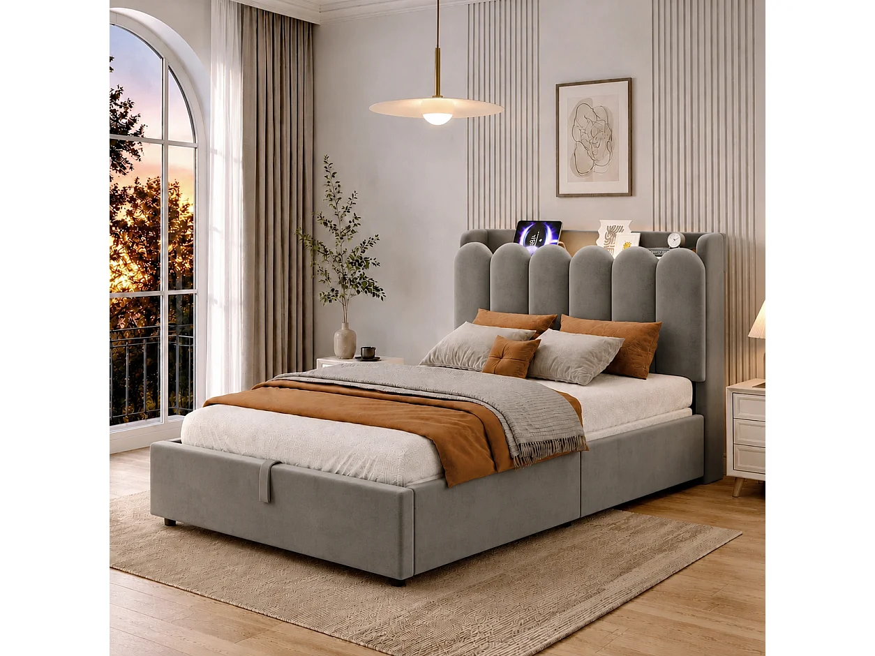 Lit coffre 90 x 200 cm avec coffre hydraulique, station USB & Type-C et lampe de lecture - Velours - Gris (Sans matelas)