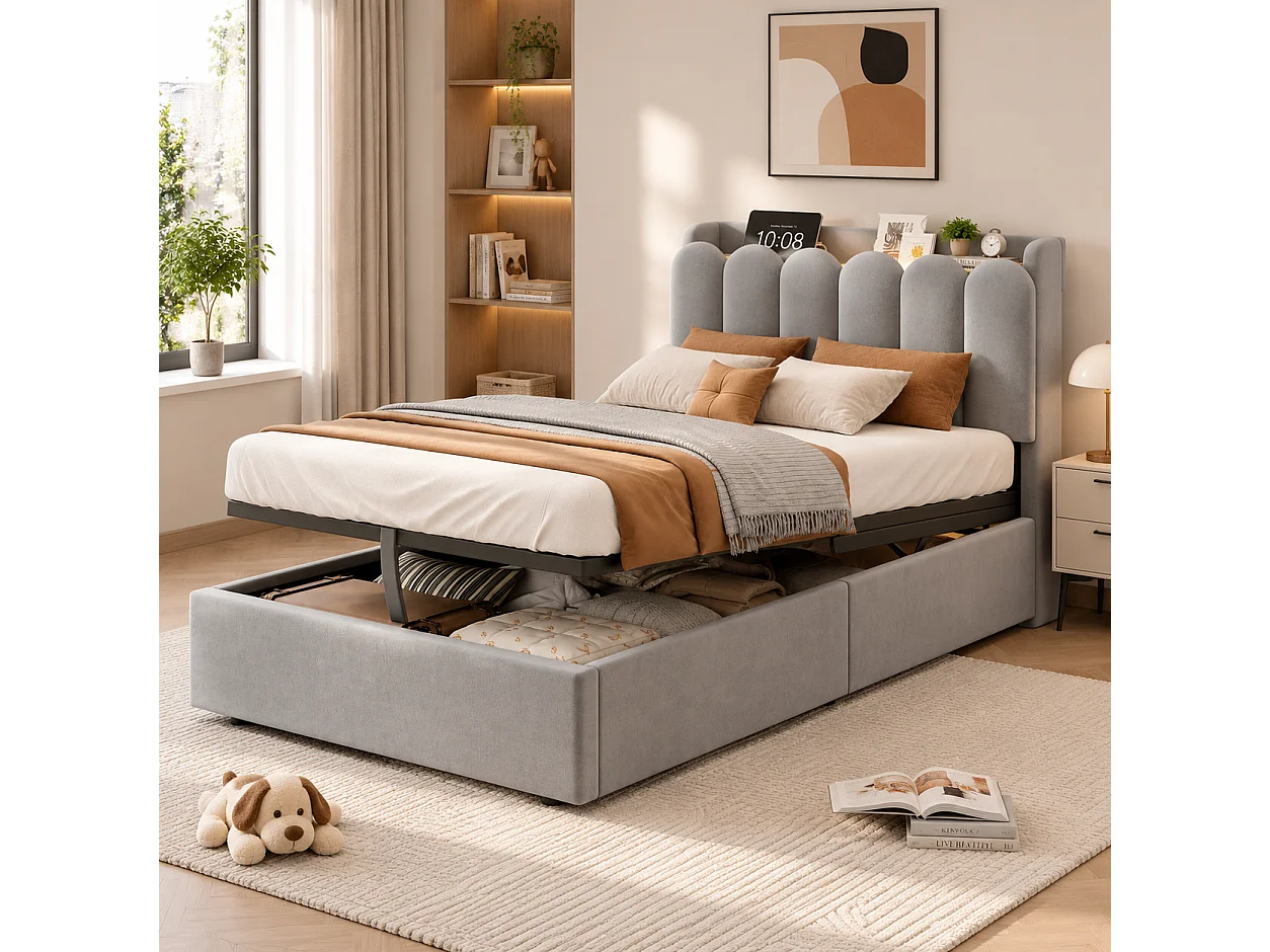 Lit coffre 90 x 200 cm avec coffre hydraulique, station USB & Type-C et lampe de lecture - Velours - Gris (Sans matelas)