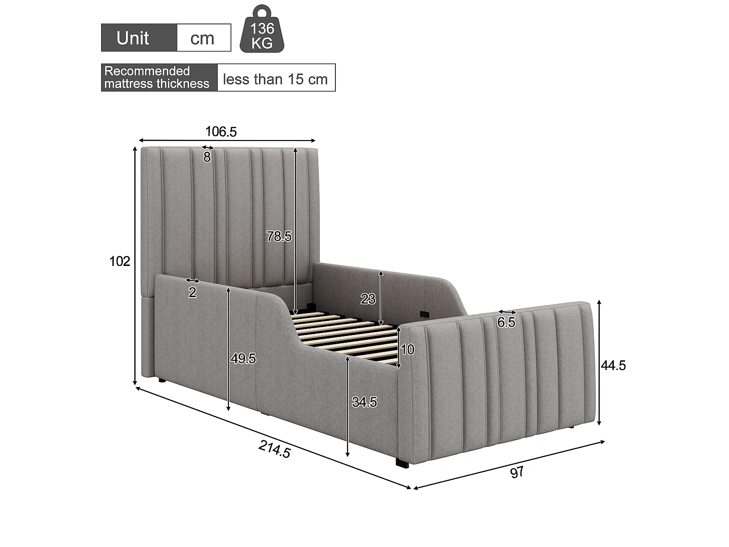 90 x 200 cm Stauraumbett mit Staufach und gestreiftem, gepolstertem Kopfteil – Leinen – Grau (Matratze nicht im Lieferumfang enthalten)