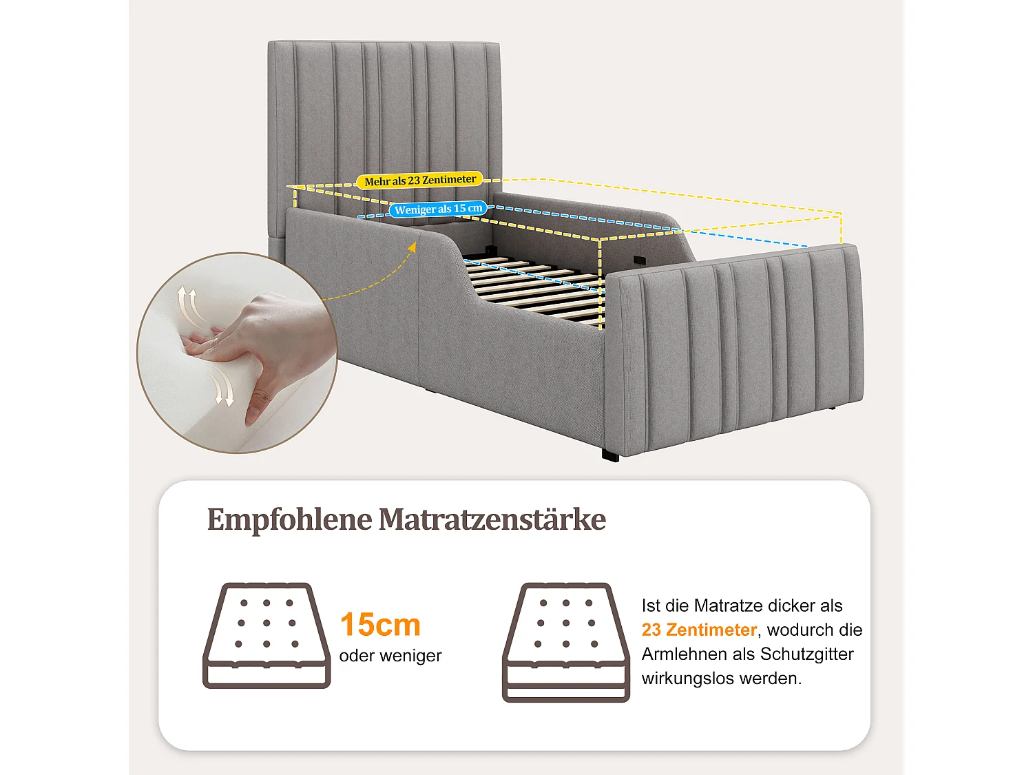 90 x 200 cm Stauraumbett mit Staufach und gestreiftem, gepolstertem Kopfteil – Leinen – Grau (Matratze nicht im Lieferumfang enthalten)