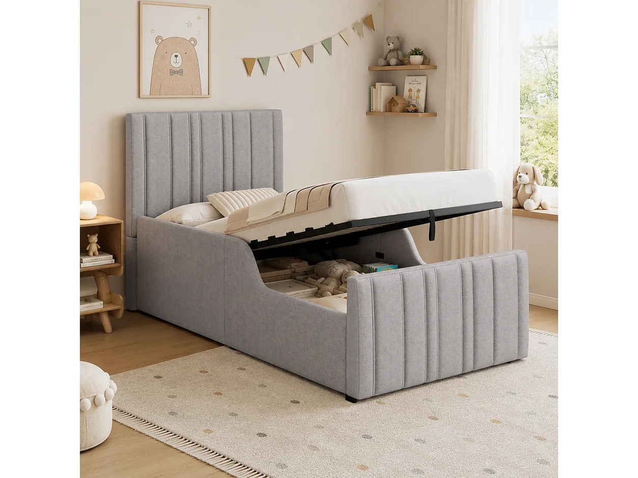 90 x 200 cm Stauraumbett mit Staufach und gestreiftem, gepolstertem Kopfteil – Leinen – Grau (Matratze nicht im Lieferumfang enthalten)
