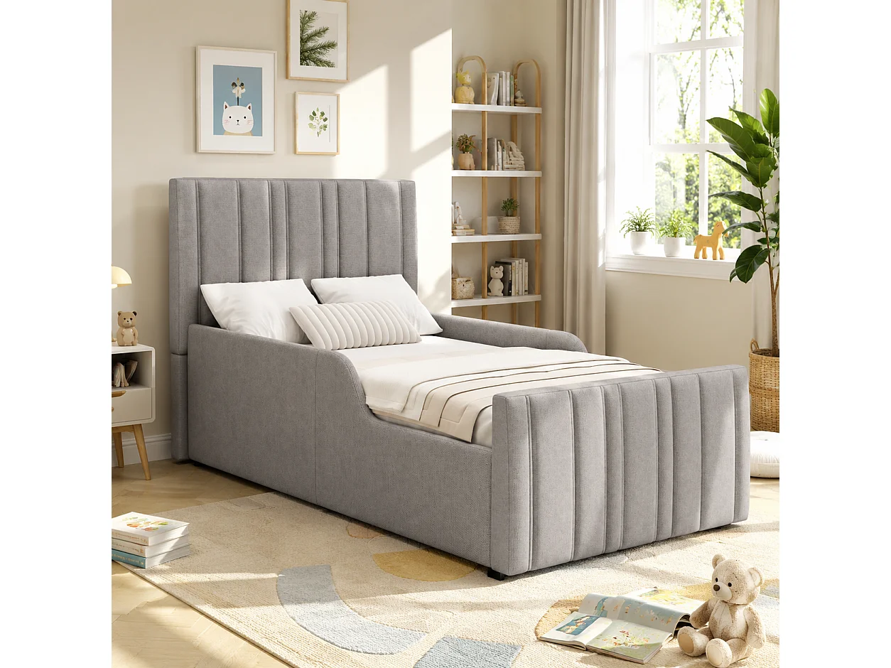 90 x 200 cm Stauraumbett mit Staufach und gestreiftem, gepolstertem Kopfteil – Leinen – Grau (Matratze nicht im Lieferumfang enthalten)