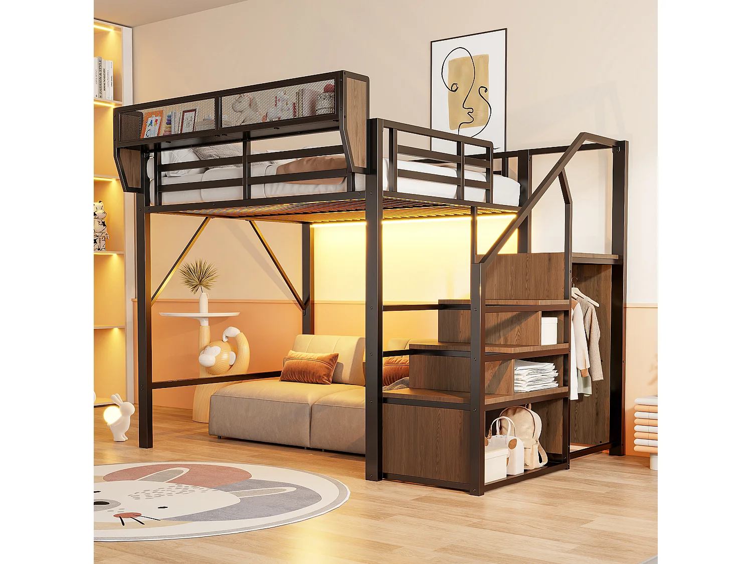 Lit mezzanine 140 x 200 cm avec LED, étagères et penderie ouverte – Structure métal robuste + MDF – Noir (Sans matelas)