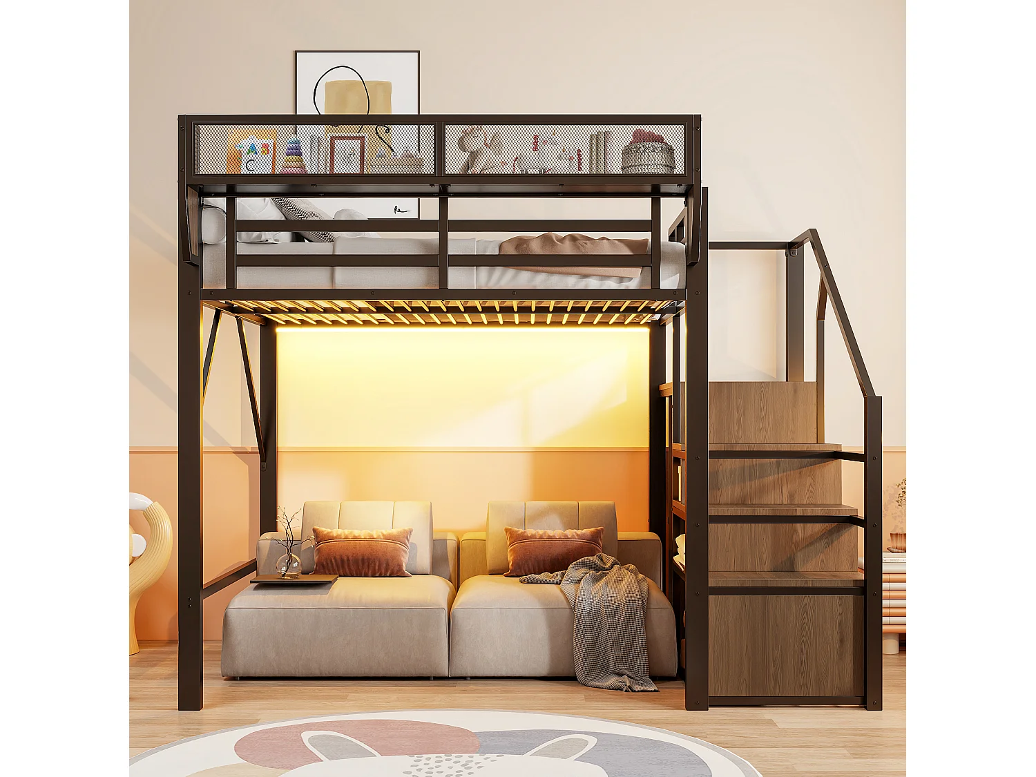 Lit mezzanine 140 x 200 cm avec LED, étagères et penderie ouverte – Structure métal robuste + MDF – Noir (Sans matelas)