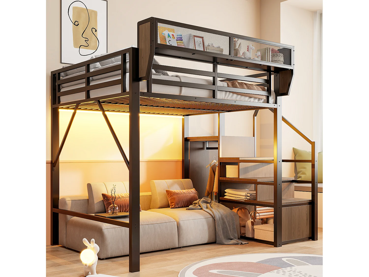 Lit mezzanine 140 x 200 cm avec LED, étagères et penderie ouverte – Structure métal robuste + MDF – Noir (Sans matelas)