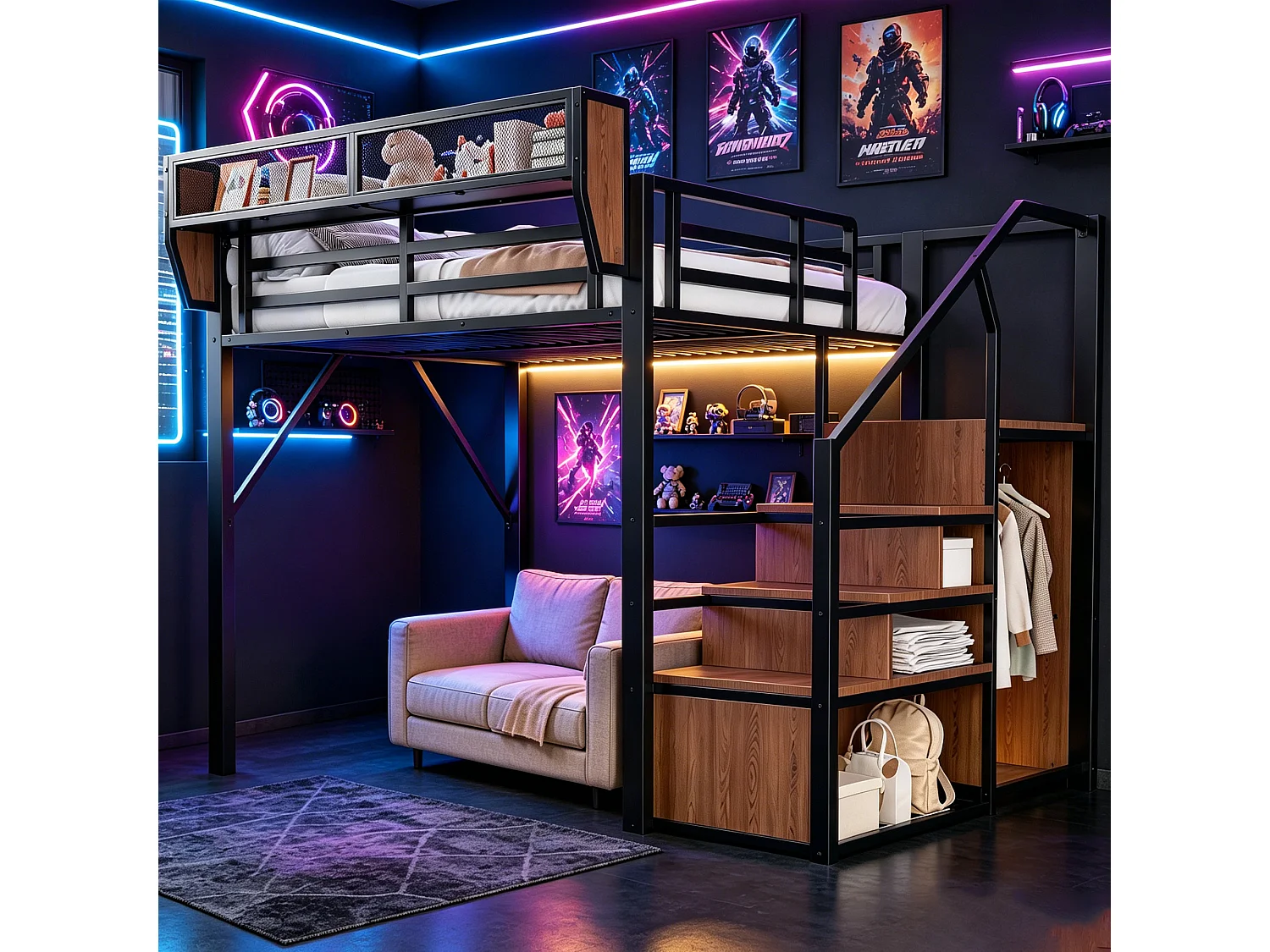 Lit mezzanine 140 x 200 cm avec LED, étagères et penderie ouverte – Structure métal robuste + MDF – Noir (Sans matelas)