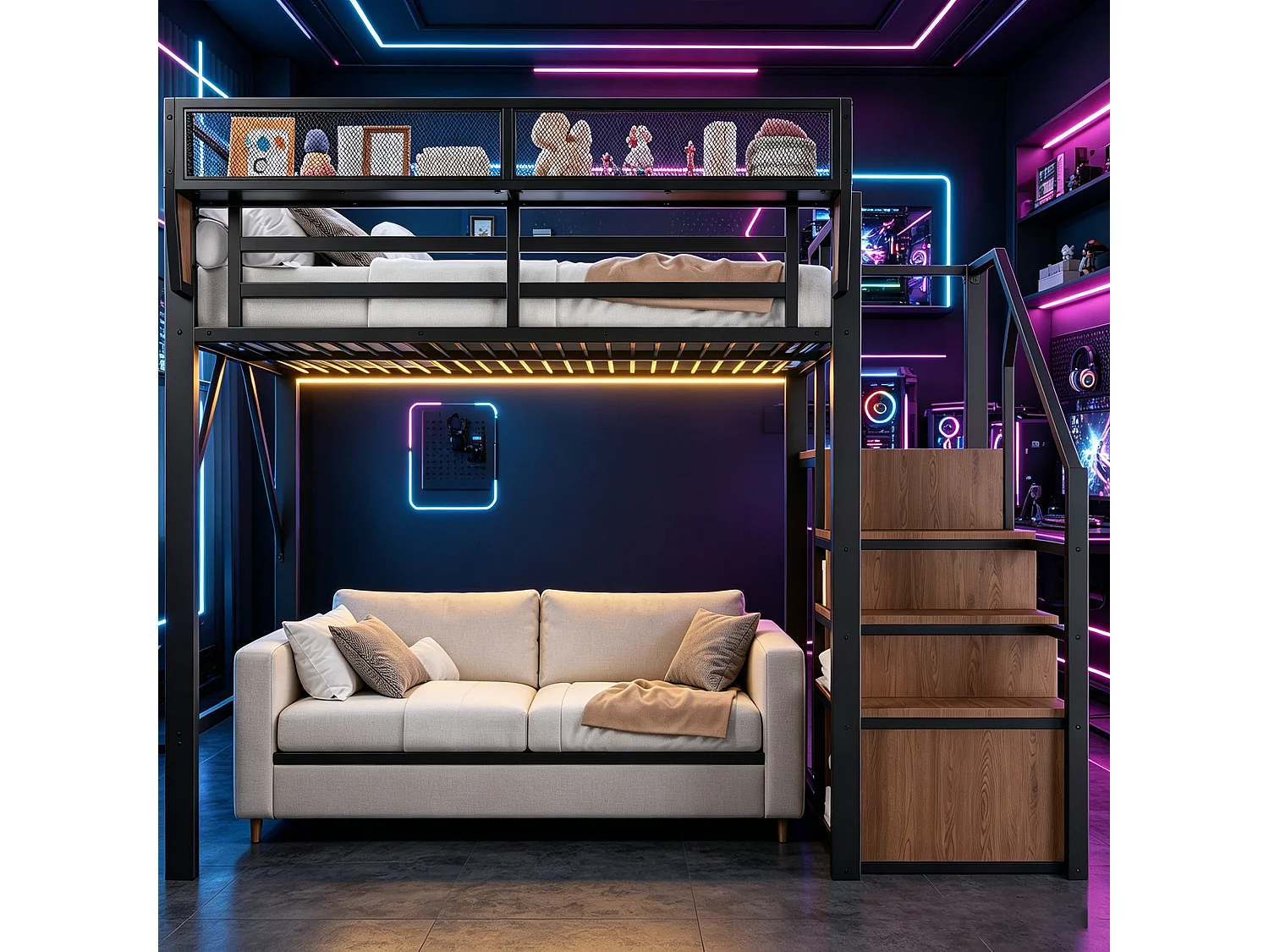 Lit mezzanine 140 x 200 cm avec LED, étagères et penderie ouverte – Structure métal robuste + MDF – Noir (Sans matelas)