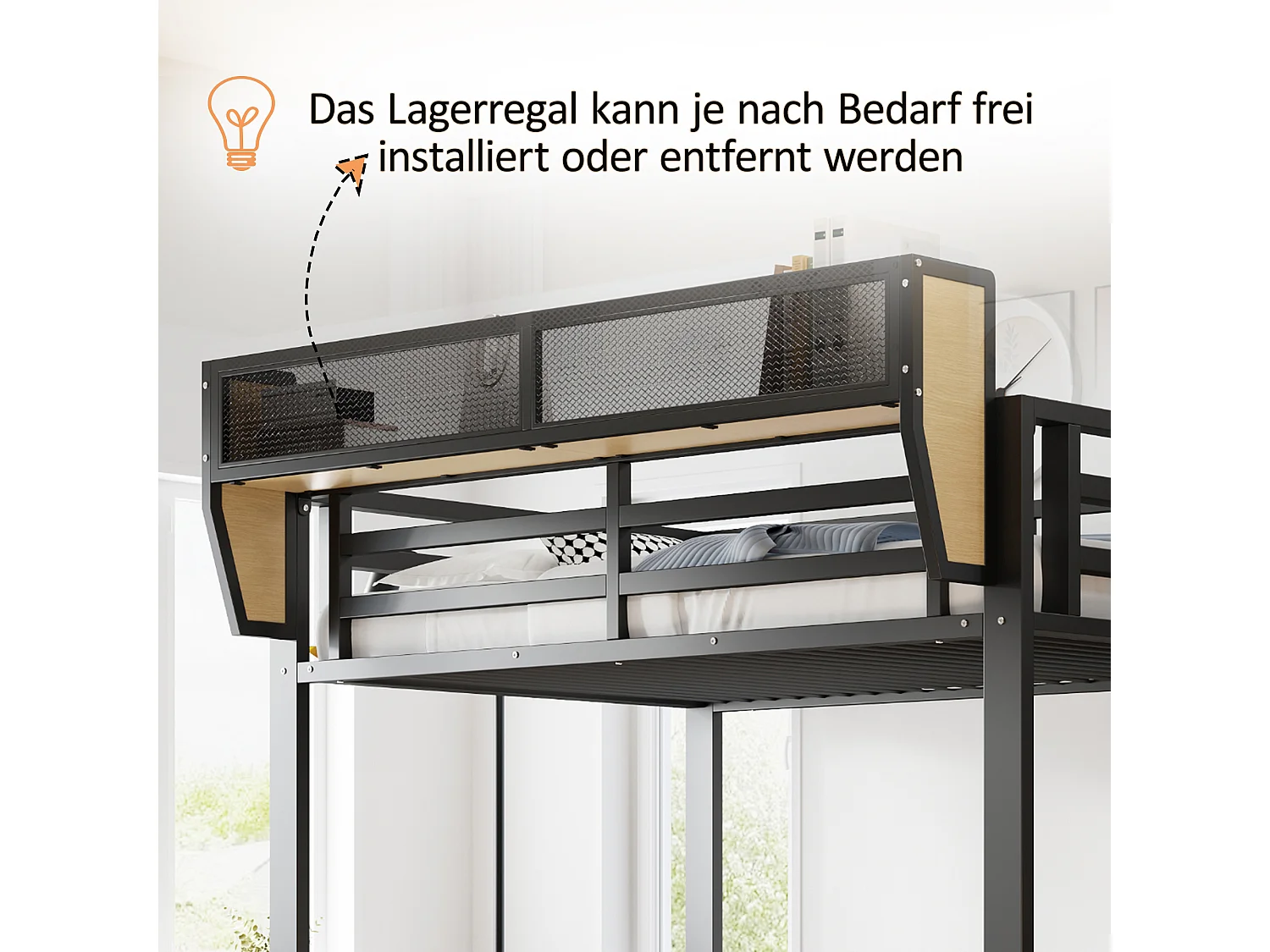 Lit mezzanine 140 x 200 cm avec LED, étagères et penderie ouverte – Structure métal robuste + MDF – Noir (Sans matelas)