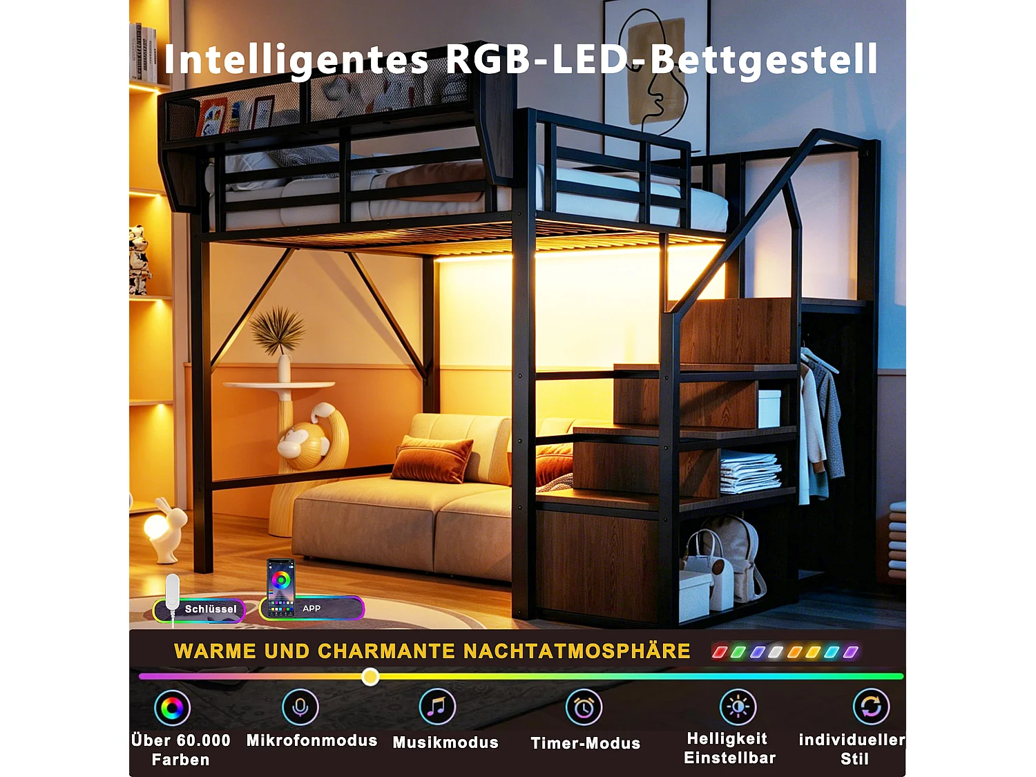 Lit mezzanine 140 x 200 cm avec LED, étagères et penderie ouverte – Structure métal robuste + MDF – Noir (Sans matelas)