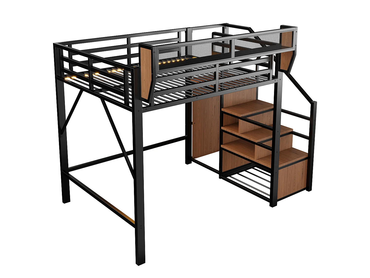 Lit mezzanine 140 x 200 cm avec LED, étagères et penderie ouverte – Structure métal robuste + MDF – Noir (Sans matelas)