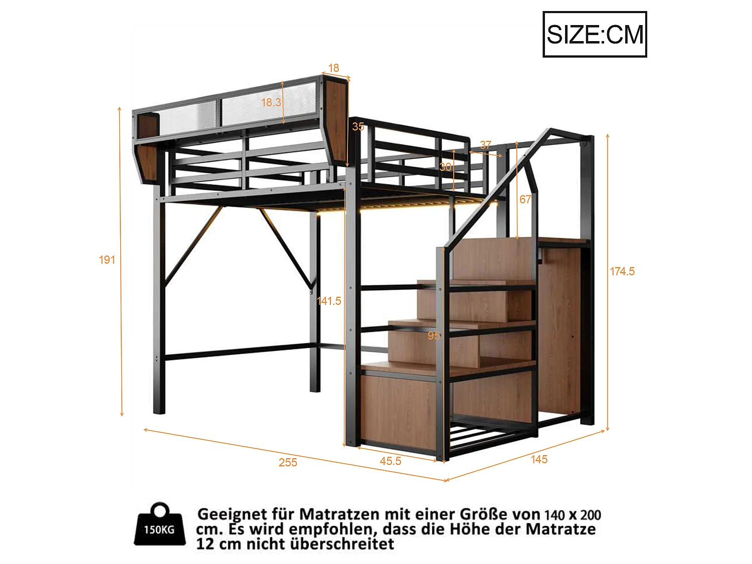 Lit mezzanine 140 x 200 cm avec LED, étagères et penderie ouverte – Structure métal robuste + MDF – Noir (Sans matelas)