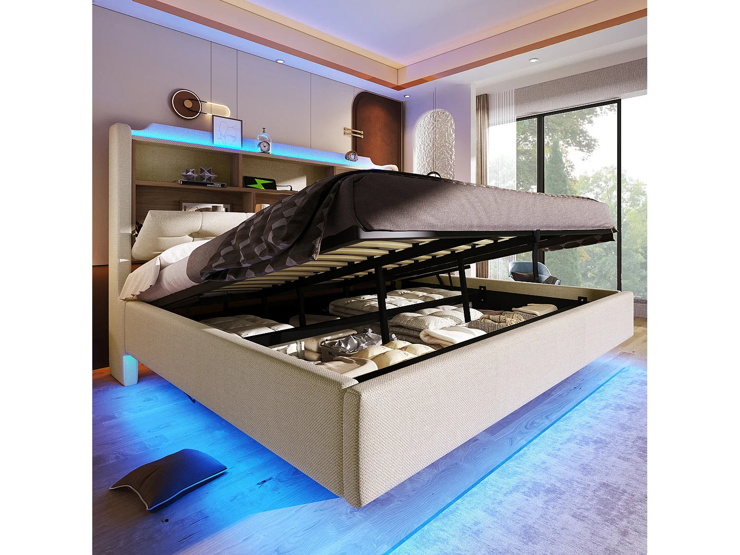180 x 200 cm seng med opbevaringsplads, hydraulisk opbevaring, LED-belysning, rum, USB- og Type-C-porte - Hør - Beige (Madras medfølger ikke)