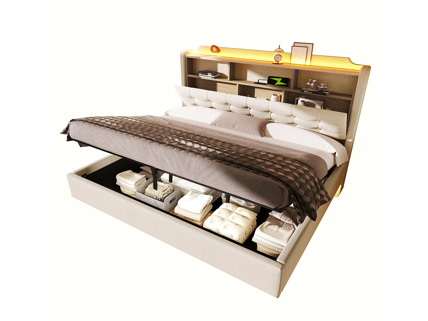 180 x 200 cm seng med opbevaringsplads, hydraulisk opbevaring, LED-belysning, rum, USB- og Type-C-porte - Hør - Beige (Madras medfølger ikke)