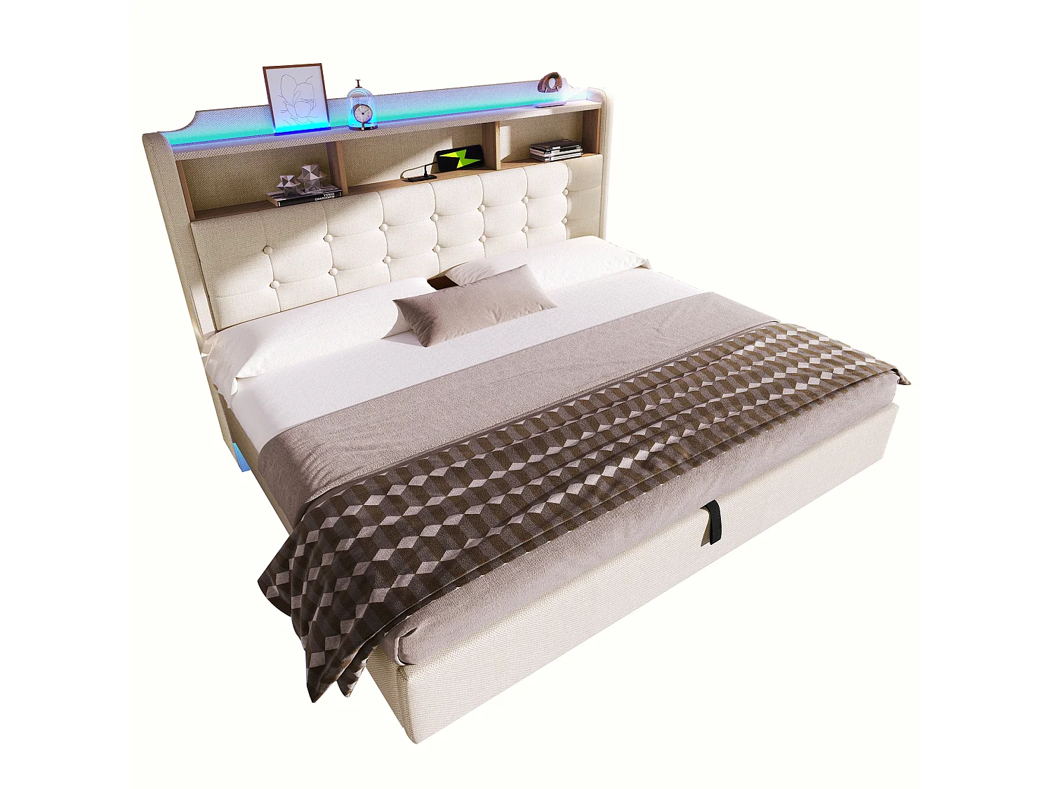 180 x 200 cm seng med opbevaringsplads, hydraulisk opbevaring, LED-belysning, rum, USB- og Type-C-porte - Hør - Beige (Madras medfølger ikke)